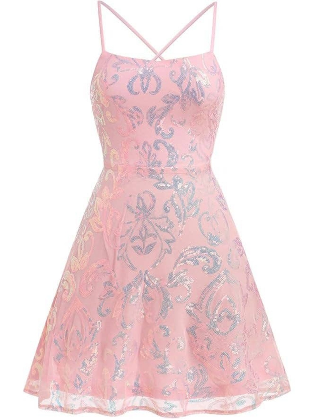 Sparkle Pink Floral Mini Dress with Crisscross Straps